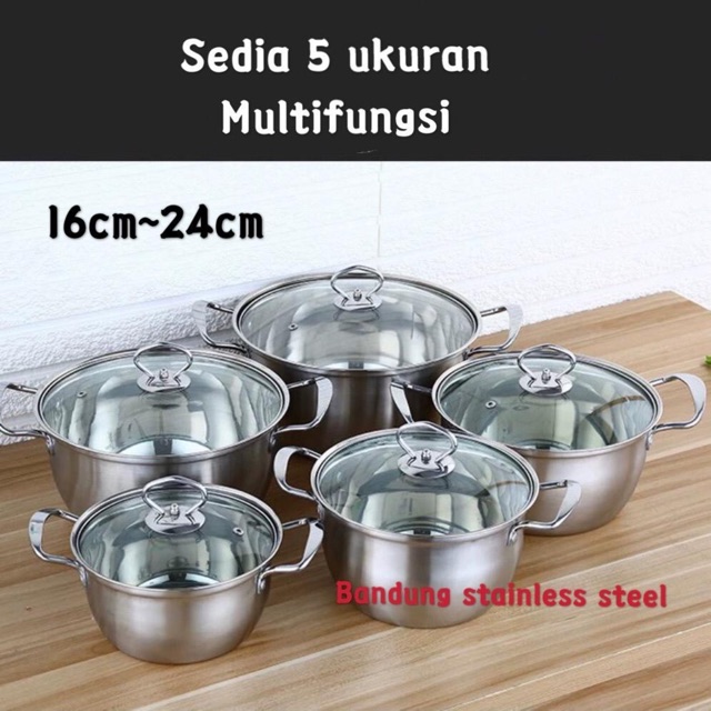 Panci sup soup pot 22cm 24cm stainless steel tutup kaca murah gagang stainless