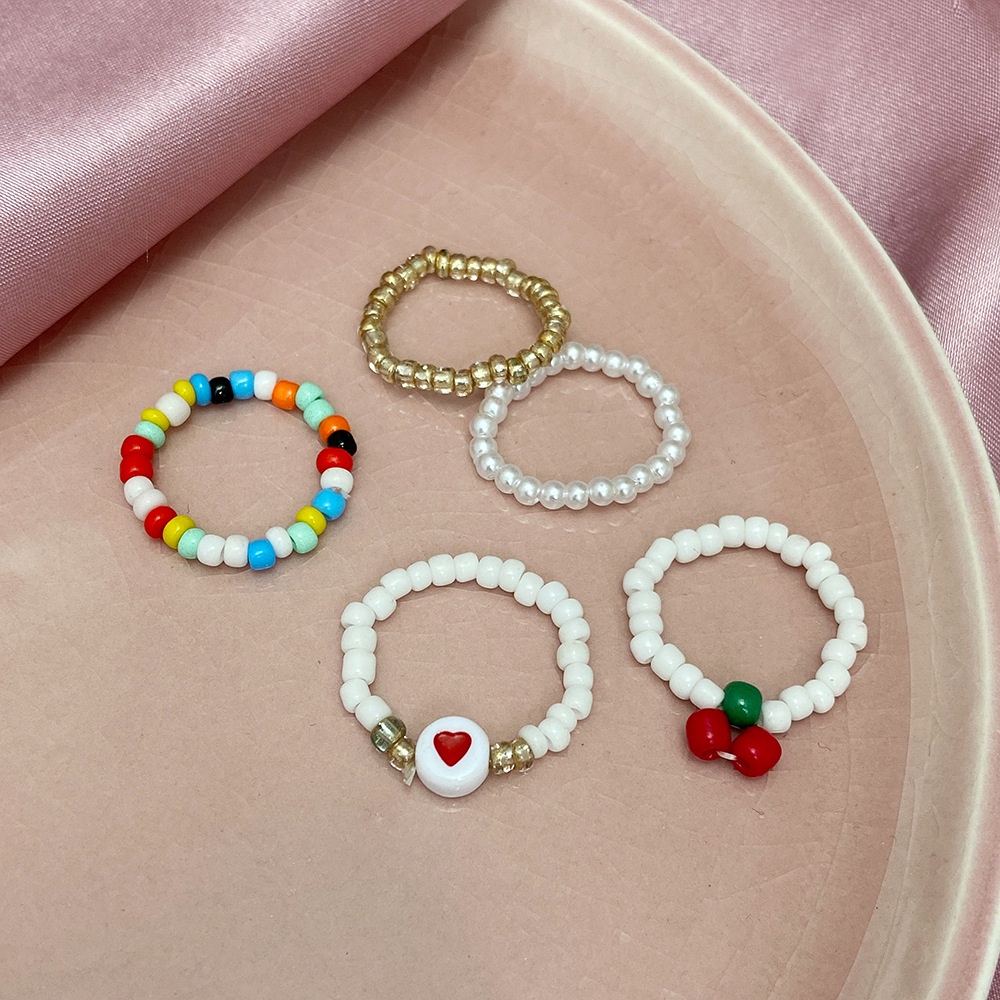 Colorful Rice Beads Rings Set Pearl Love Handmade Beaded Ring