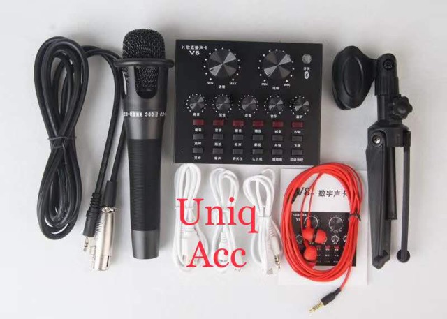 Paket Microphone Mixer Soundcard V8 Bluetooth With Tripod Stand Mini Podcast