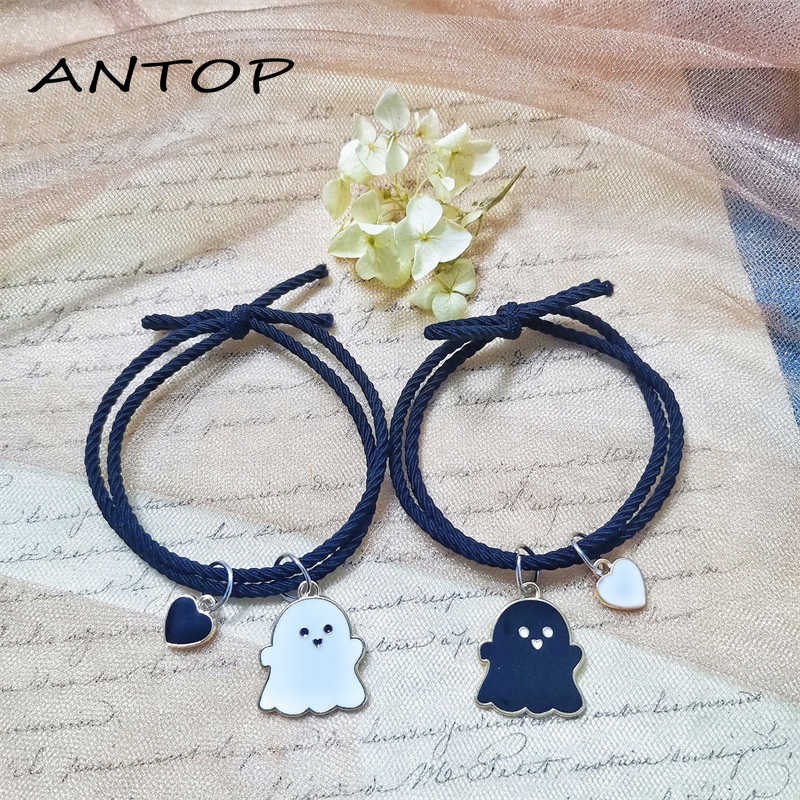 2Pcs Gelang Couple Pasangan Hitam Tenun/Lucu Hantu Magnet Kapel Persahabatan Wanita Dan Pria Adjustable Gelang