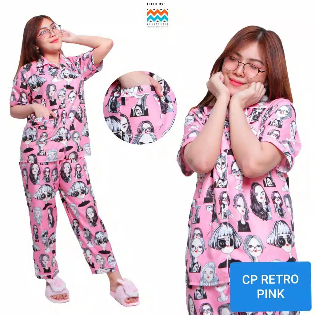 BAJU TIDUR WANITA/PIYAMA WANITA KATUN MOTIF RETRO HITAM PUTIH CP/PP