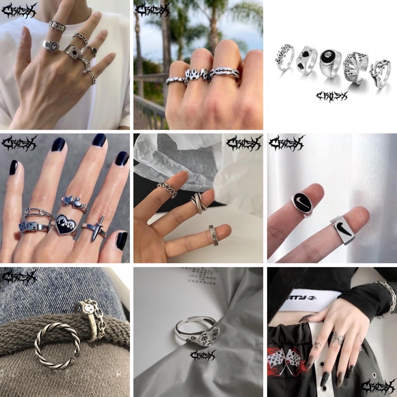 ROMAWI RING SET / HIP HOP PUNK SILVER METAL RING SET / CINCIN SET 3 IN 1 FLAME POKER AS LOVE NIKE 8 BALL RAZOR BLADE EYE CROSS SMILE STAR CINCIN COUPLE RING KOREAN STYLE RING CINCIN STYLE KOREA CINCIN AESTHETIC RING CINCIN TITANIUM CINCIN PRIA WANITA 3PCS