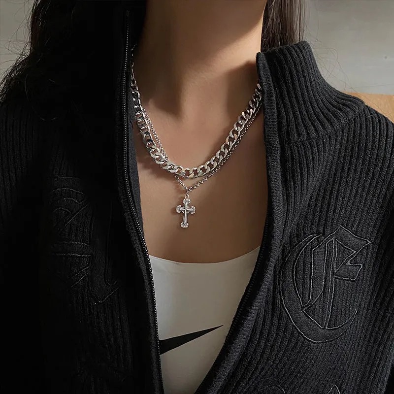 Unisex cross pendant necklace hip hop double clavicle chain for women