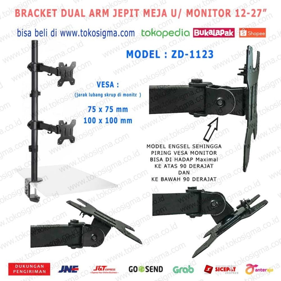 BRACKET STAND JEPIT MEJA ZD-1123 DUA ARM DESK MOUNT MONITOR 13-27 IN