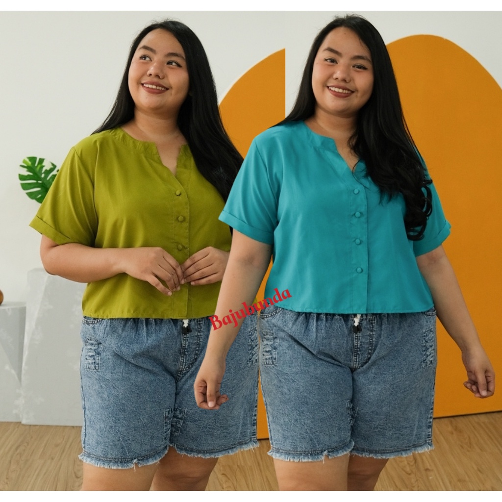 KEMEJA WANITA JUMBO BIG SIZE POLOS LENGAN PENDEK BAJUBUNDA VIA-3