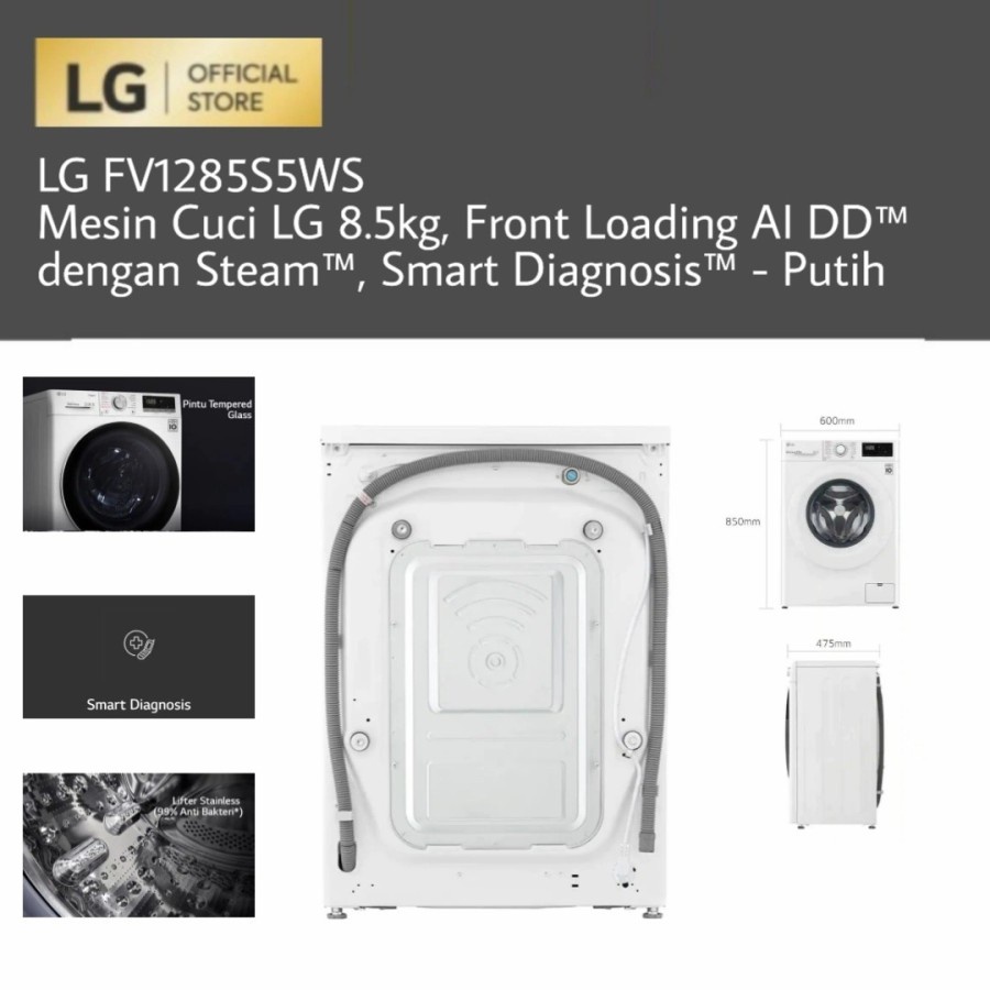 Mesin Cuci LG 8.5kg Front Loading FV1285S5WS dengan Steam - Smart Diagnosis