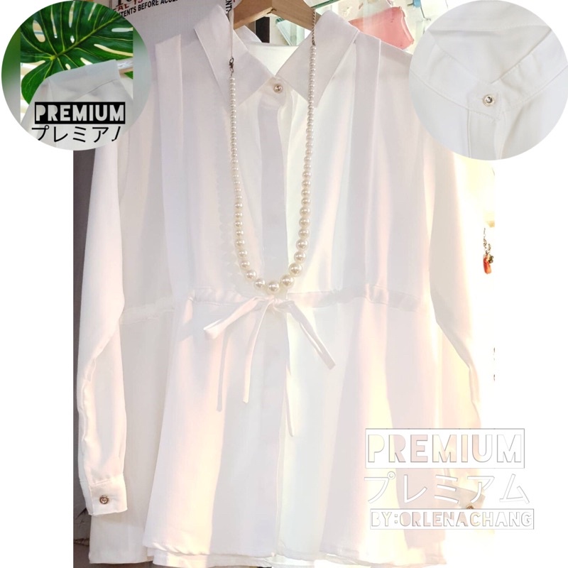 PREMIUM kemeja blus putih wanita serut tali pita