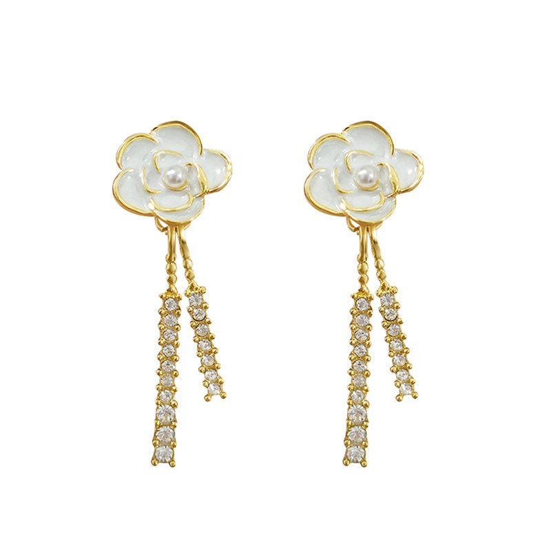 Anting Gantung Panjang Tusuk Silver S925 Gaya Retro Motif Bunga Camellia Aksen Mutiara + Rumbai Untuk Wanita