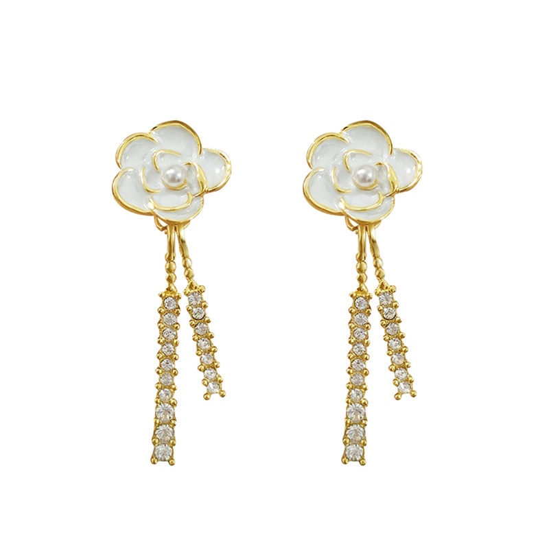 Anting Gantung Panjang Tusuk Silver S925 Gaya Retro Motif Bunga Camellia Aksen Mutiara + Rumbai Untuk Wanita