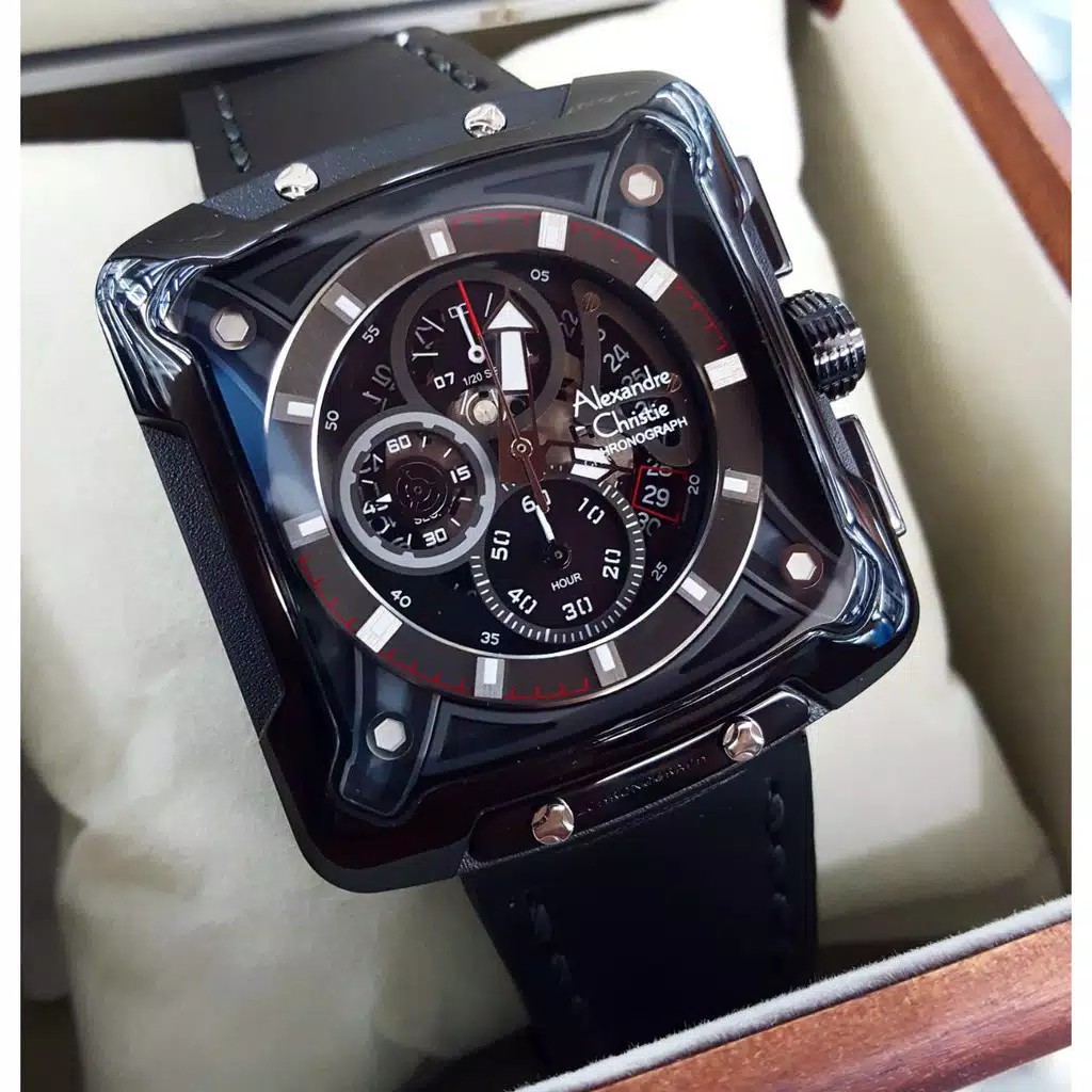 Alexandre Christie original ac3030 jam pria tali kulit hitam