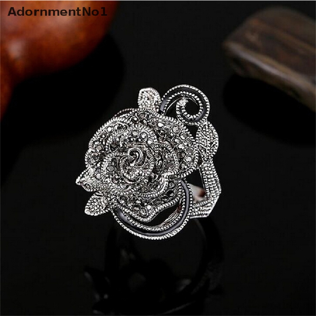 (AdornmentNo1) Cincin Gaya Retro Vintage Motif Bunga Mawar Aksen Kristal Hitam Untuk Perhiasan Wanita / Hadiah