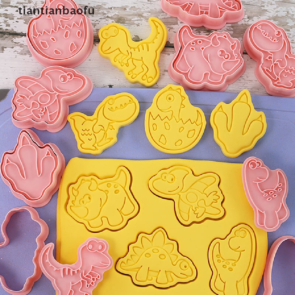 8 Pcs Cetakan Pemotong Kue / Biskuit Bentuk Dinosaurus Bahan Plastik