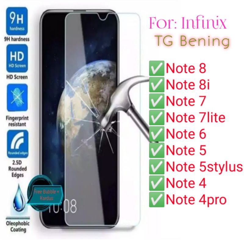 Infinix Note 8 8i 7 7lite 6 5 4 4pro Antigores Bening Tempered Glass Screen Guard protector TG