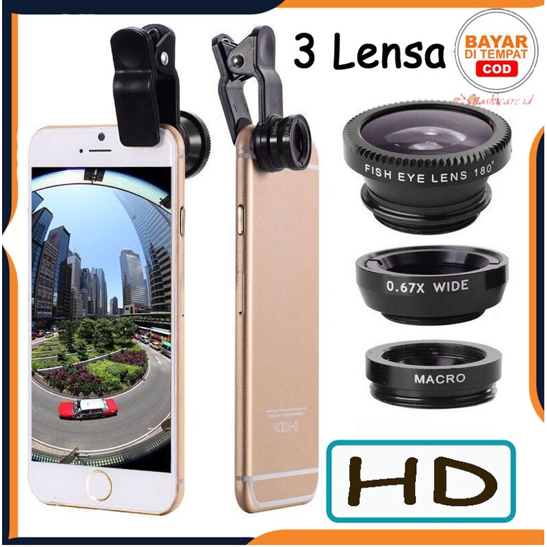 [COD] Lensa Fisheye 3in1 Jepit Universal Clip Lens Fish Eye Macro Wide Angle 3IN1 Kamera HP Selfie