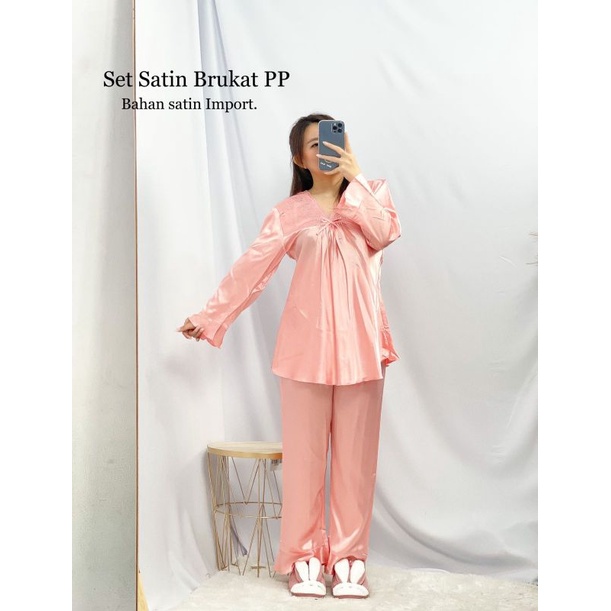 MDLV ~ Baju Tidur Set Satin Brukat PP Piyama Satin Dewasa Celana Panjang
