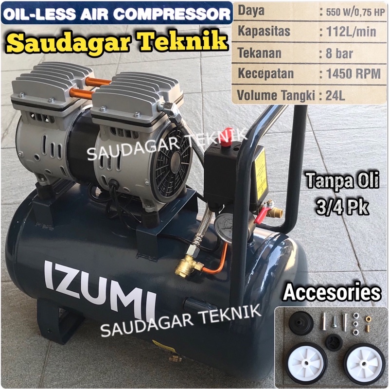 Izumi OL 0724 OL 1024 Mesin Kompresor Angin Silent Oiless Tanpa Oli 3/4 Hp 1 Hp 24 Liter Izumi