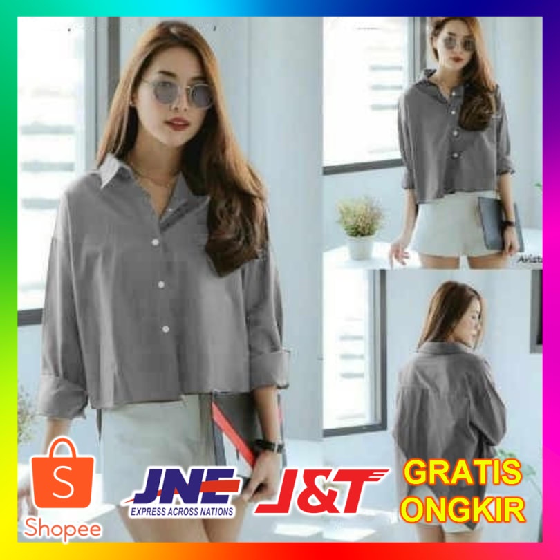 Best Item [Kemaja Sherina Abu SW] kemeja wanita wolly crepe abu abu Limited