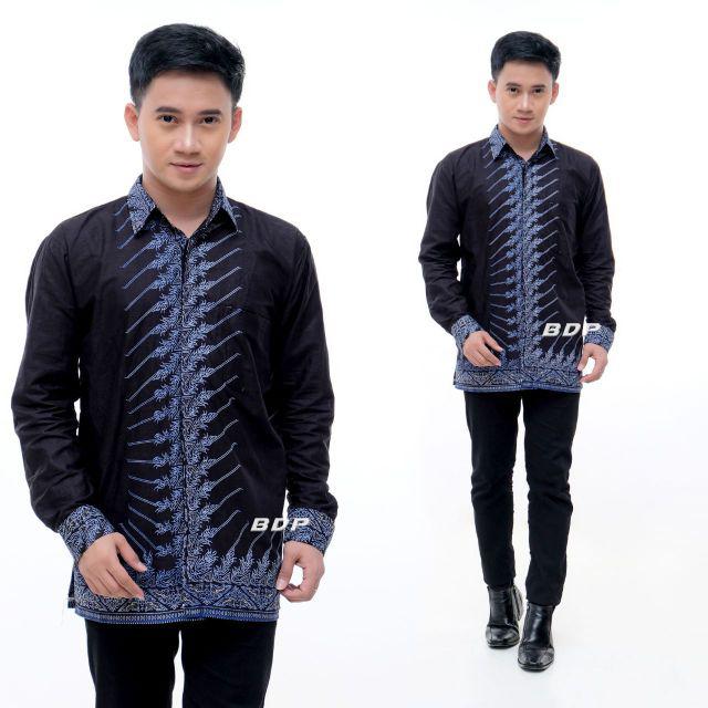 Kemeja Batik Pria Lengan Panjang Motif Mega Mendung Toraja Biru