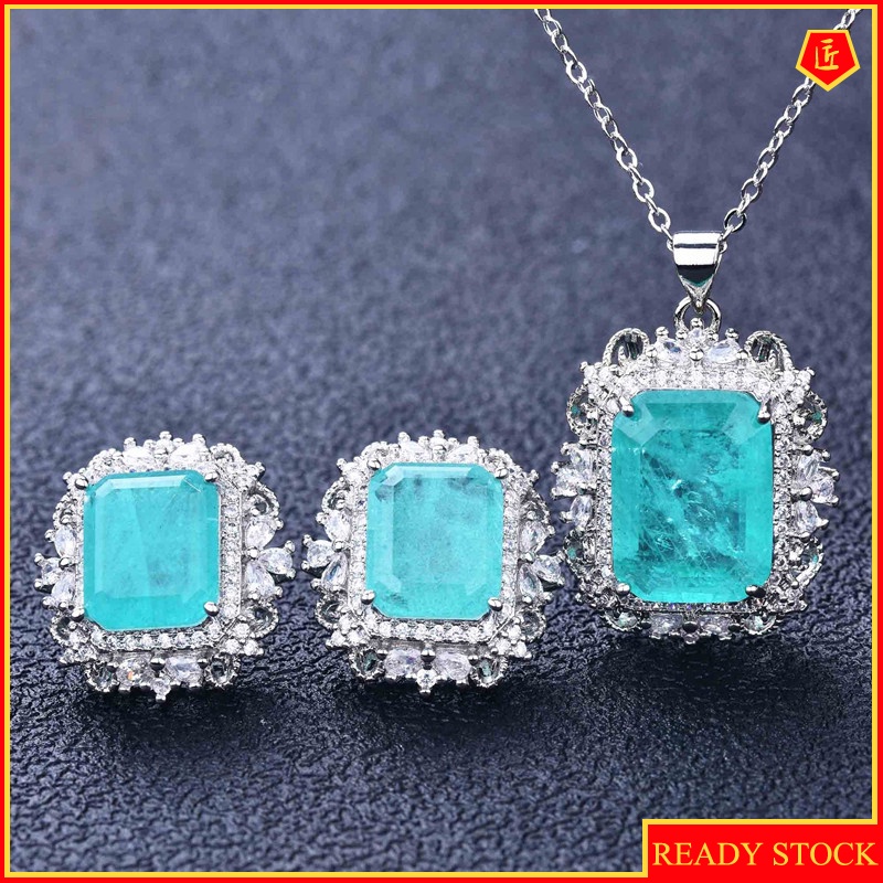 [Ready Stock]Natural Paraiba Necklace Colored Gems Earings Set