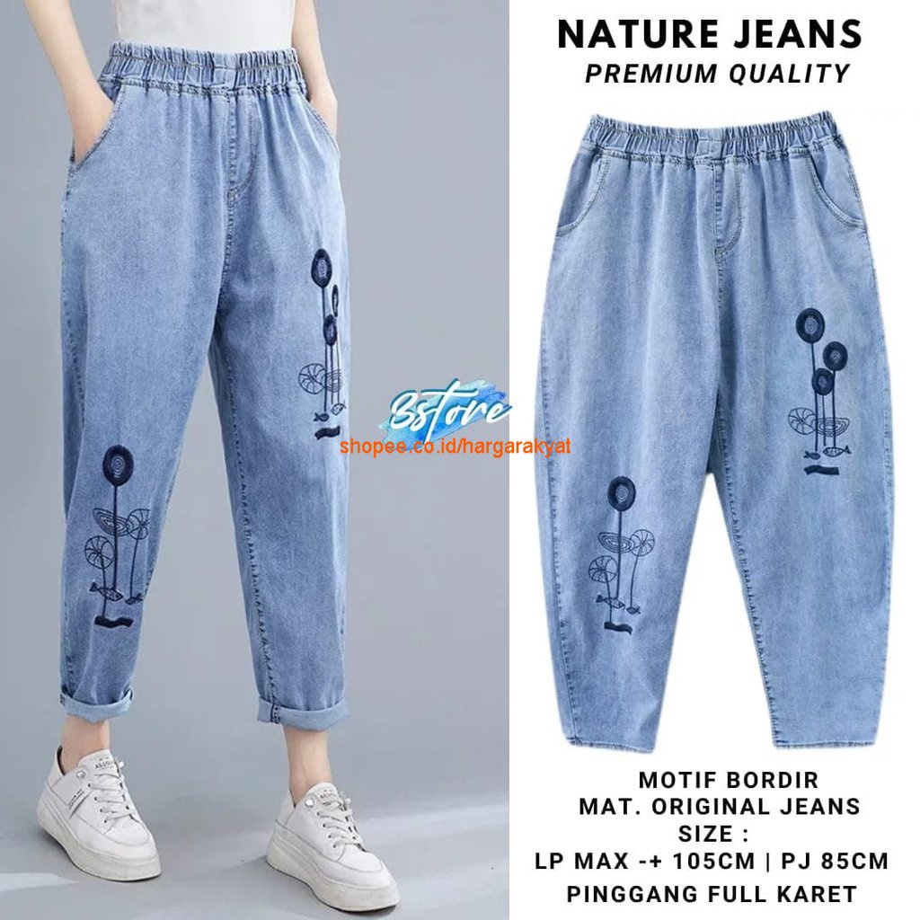 Boyfriend Jeans Bordir Pinggang Karet Motif Bunga Padi Nature