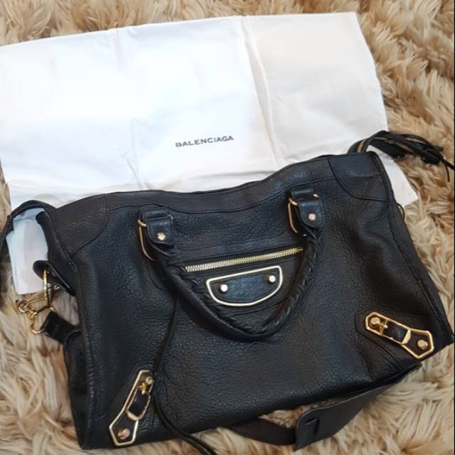 BALENCIAGA METALLIC CITY EDGE BLACK GOLD HARDWARE ORIGINAL LEATHER GRAINED SKIN SIZE 38