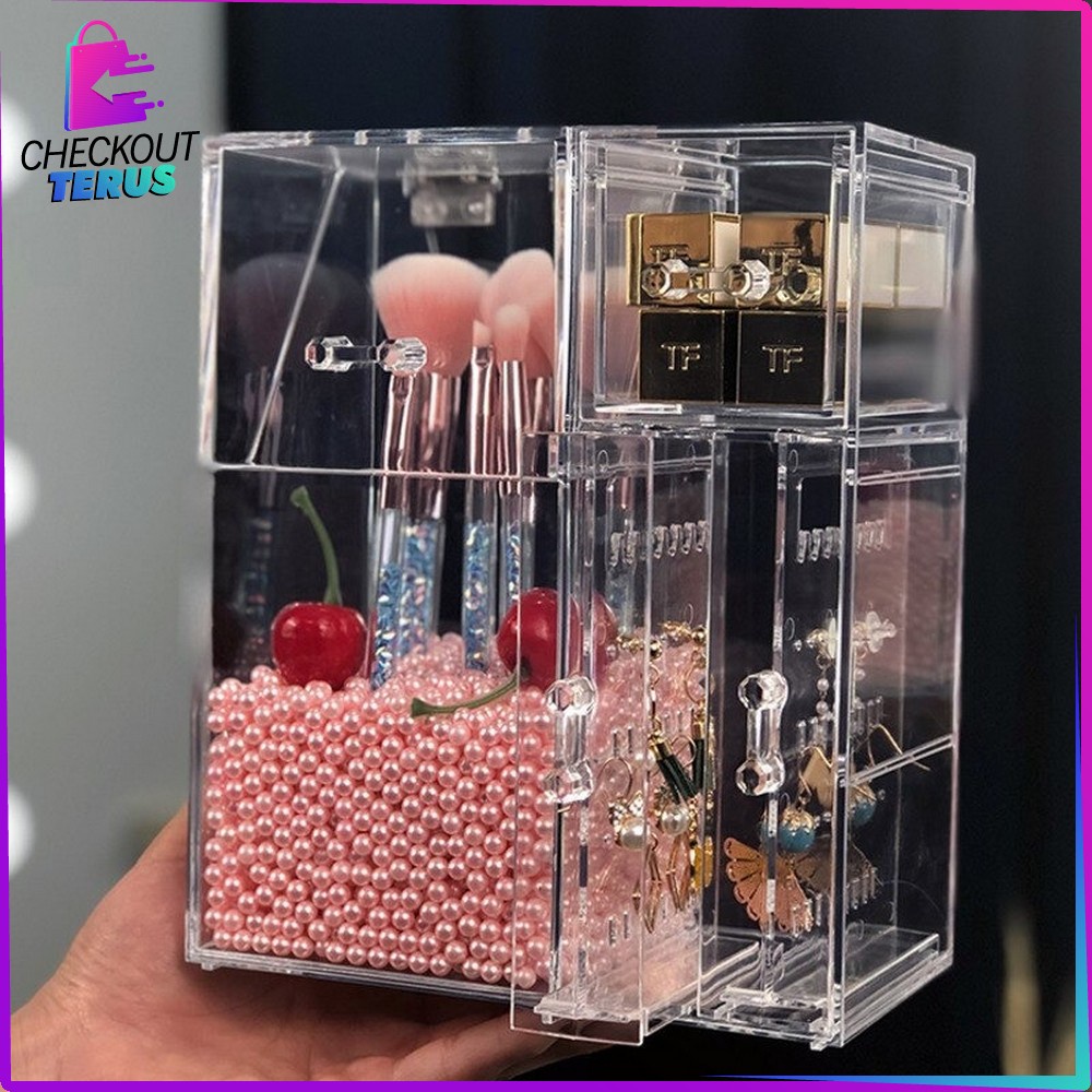 CT K18 Rak Organizer Multifungsi Kotak Penyimpanan Brush Make Up ada Mutiara Rak Anting Acrylic Storage Box Kuas Makeup