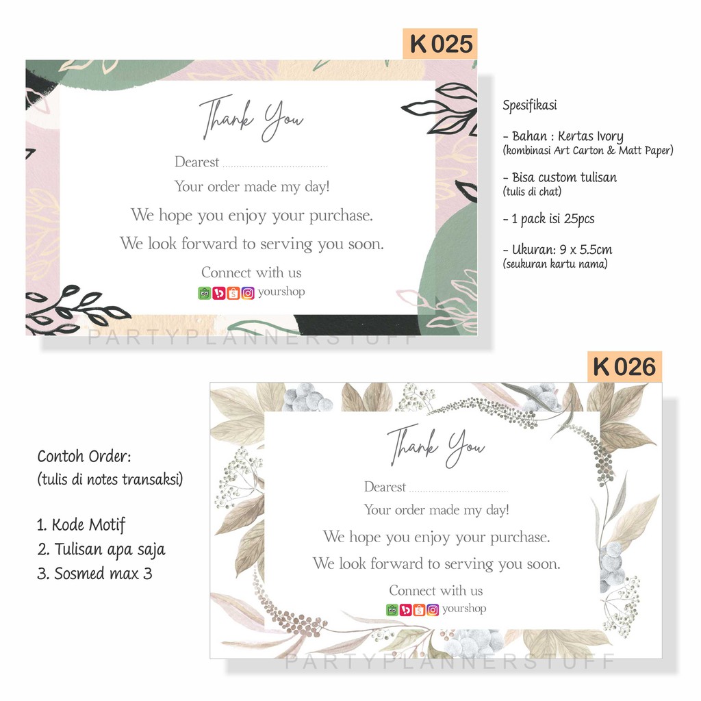 Thank You Card Kartu Ucapan Kartu Online Shop Greeting Card Kartu Box Paket Olshop Custom Shopee Indonesia
