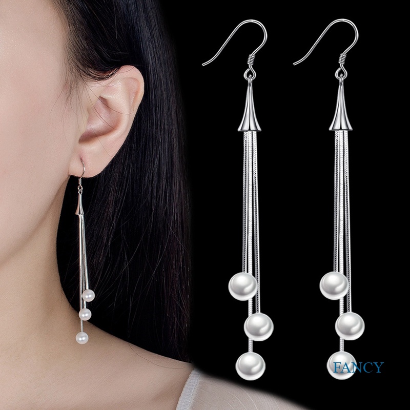 Anting Rantai Panjang Warna Silver Aksen Moonstone Gaya Korea Untuk Wanita
