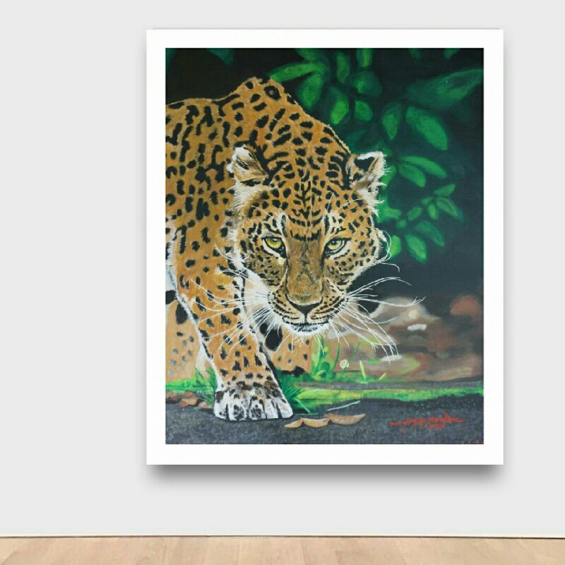 lukisan macan ,lukisan leopard size 80 x 100 media acrylik dikanvas bersertifikat