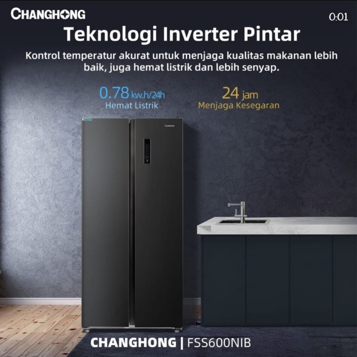 Kulkas Changhong FSS-600NIB Side By Side 467 Liter FSS600NIB Inverter FSS 600 NIB Refrigerator