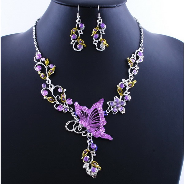 SIY  Hot Elegant Butterfly Flower Rhinestone Pendant Necklace Earrings Jewelry Set