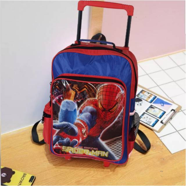 Tas troly anak ransel sekolah TasDorong Roda Karakter Spiderman