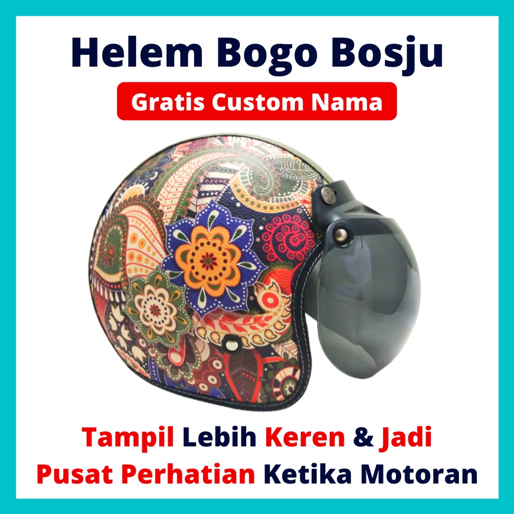 Helm Bogo Motif Batik Bunga Indonesia | Custom Warna Nama | Helem Retro Klasik Anak Cewek Wanita Rem