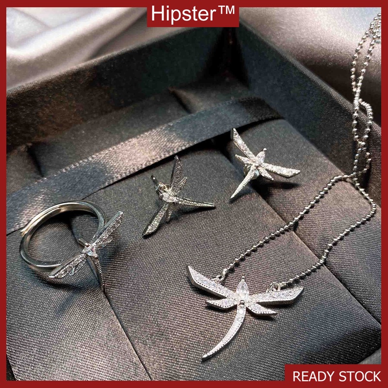 Temperament Entry Lux Dragonfly Necklace Ring Earrings Set