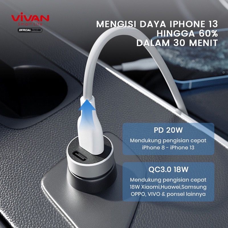 (VIVAN C02) 20W Car Charger Mobil Dual Ports USB-A USB C 3A QC3.0 PD 20Watt Fast Charging