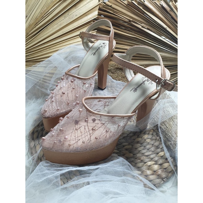 sepatu purri rosegold abstrak lace mutiara tabut tinggi 12cm