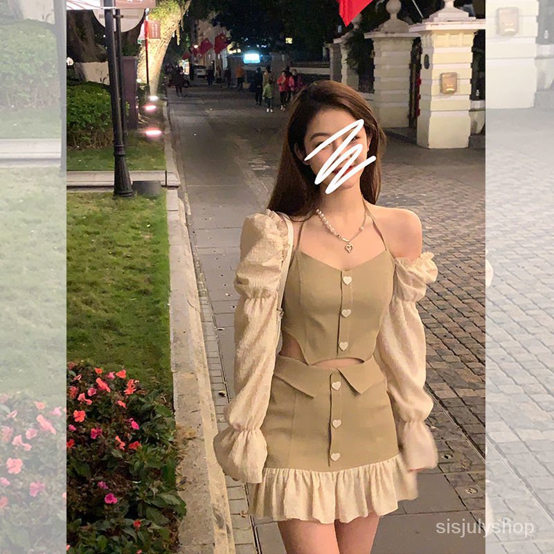 #Sisjuly# Atasan Halter Baru Wanita/rok Tidak Beraturan Dengan Rok Split Pinggang Dan Kancing Hati