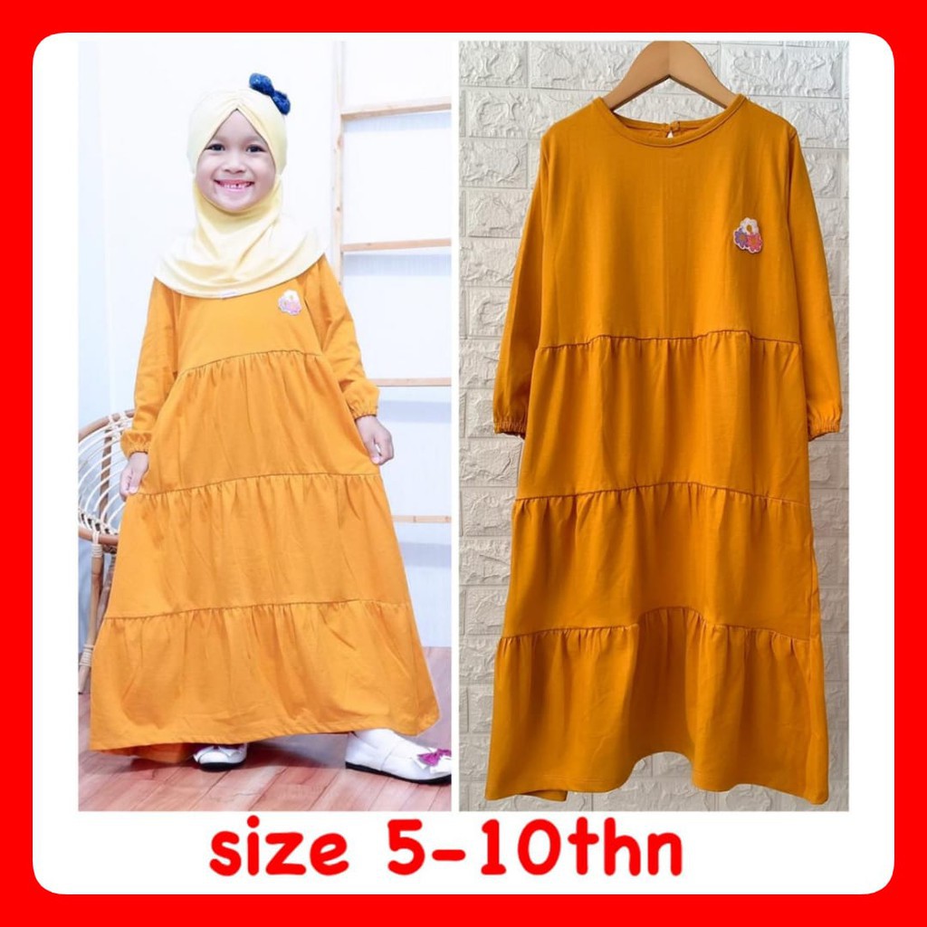 Gamis Kaos Anak Aplikasi Bordir Warna Kuning Kunyit Size 5-10th Baju Anak Perempuan