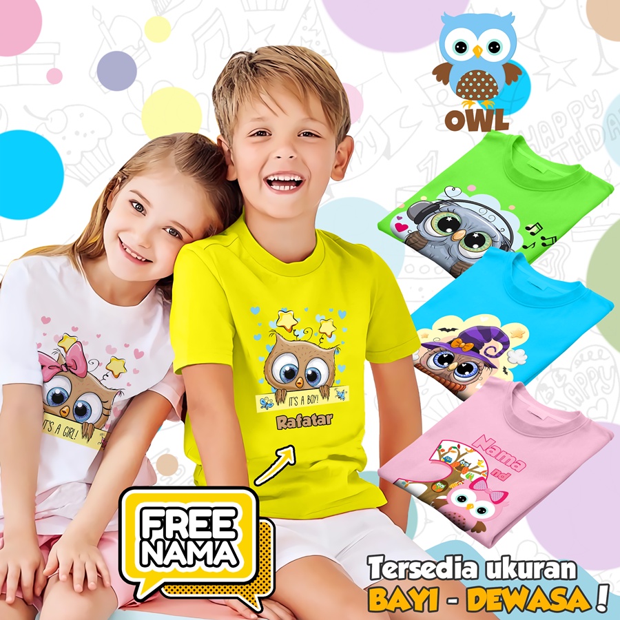 [FREE NAMA!!] Kaos baju COUPLE  ANAK DAN DEWASA BURUNG HANTU OWL BANYAK MOTIF