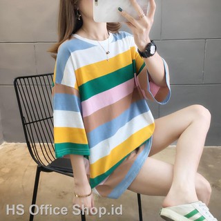  Kaos  T Shirt Wanita Lengan  Pendek  Motif Garis Garis Warna 
