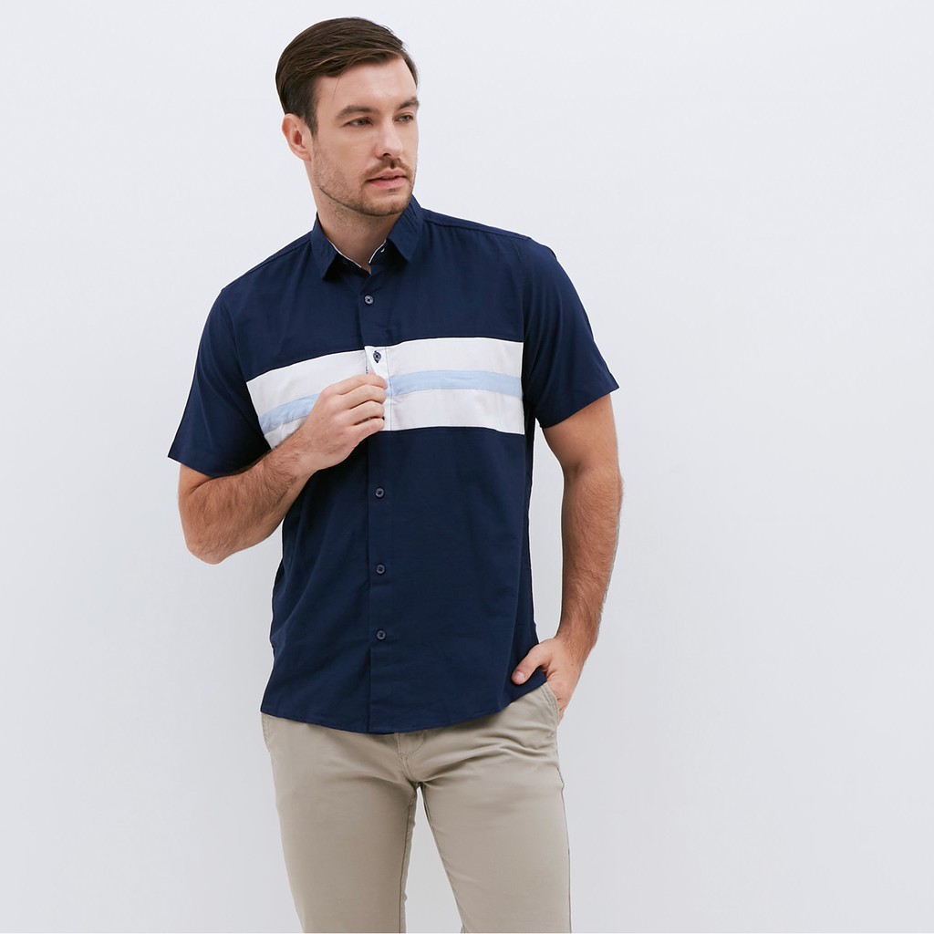 M231 Kemeja Pria Basic Combination Oxford Pendek Navy 1056B