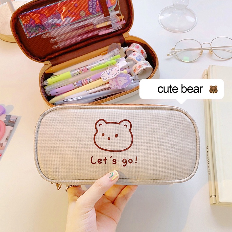 

Kawaii Canvas Pencil Case for Girls Boys Cartoon Bear Pencilcase Pen Case Bag Large Capacity Pencil