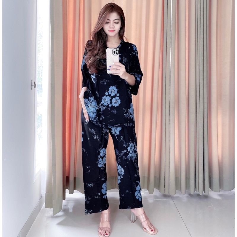 Setelan Wanita ,One Set Batik Rayon ,Piyama Dewasa terbaru-Biru