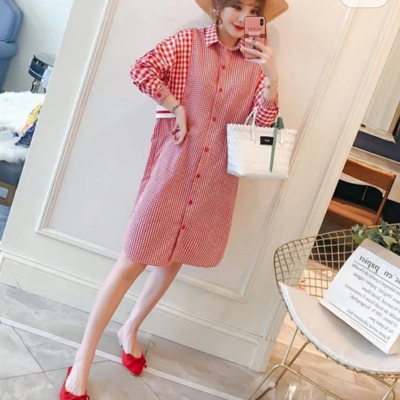 MDLV ~ 1854# Plaided Long Shirt Dress Kemeja Kotak Fashion Import