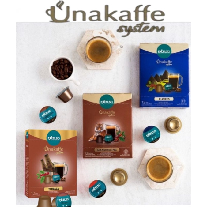 

Excelso Unakaffe Kopi Kapsul TORAJA / MANDHELING /FLORES .Box ( 12pods @ 6.5gr )
