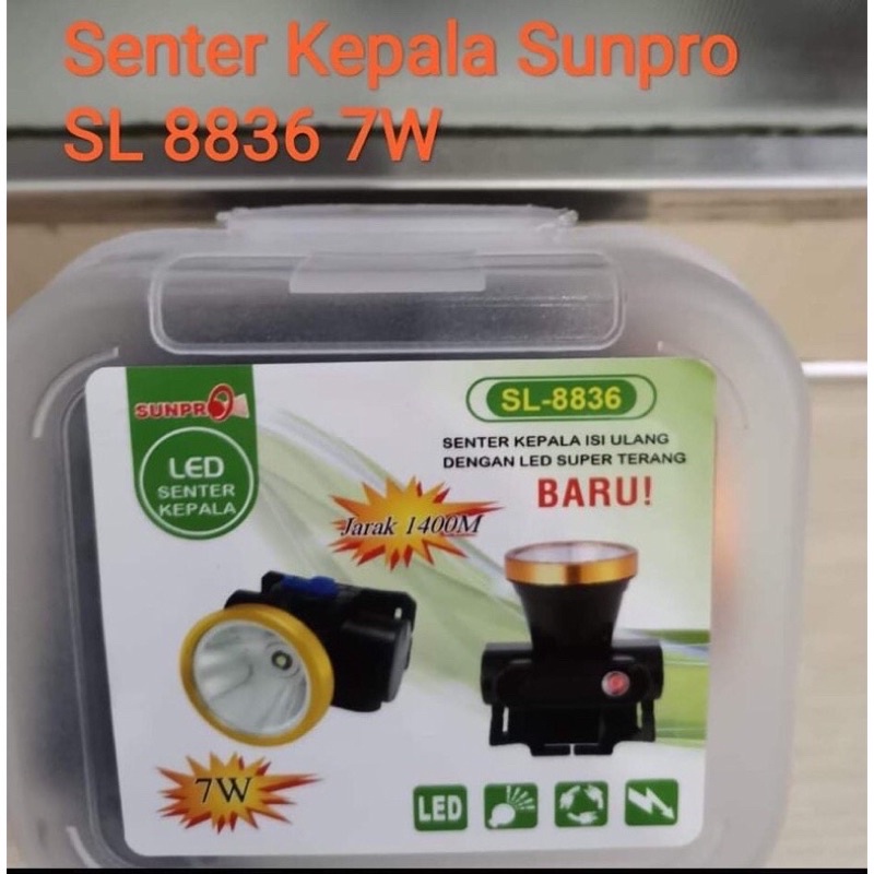 Senter Kepala Sunpro SL8836 Dengan Pematik Rokok Cahaya Putih LED 7W