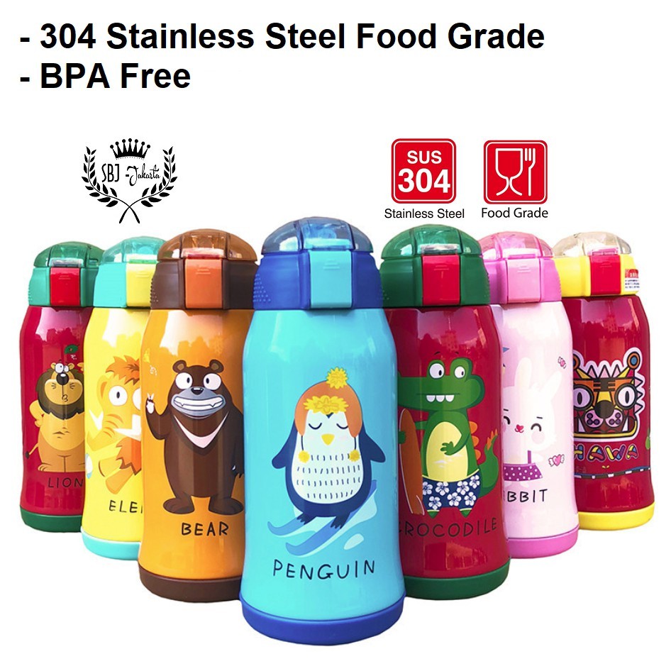 Botol Minum Termos 304 Stainless Steel DUAL CAP dengan TAS Motif Animal / Botol Minum Anak Stainless