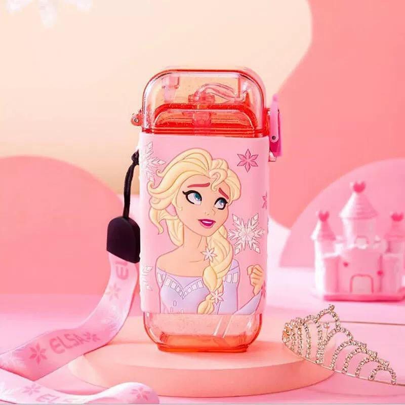 DISNEY Botol Minum Anak Unik dengan tali dan sedotan /  ORIGINAL Disney water bottle Elsa Mickey donald Cars / Botol Minum Anak disney-Elsa Pink