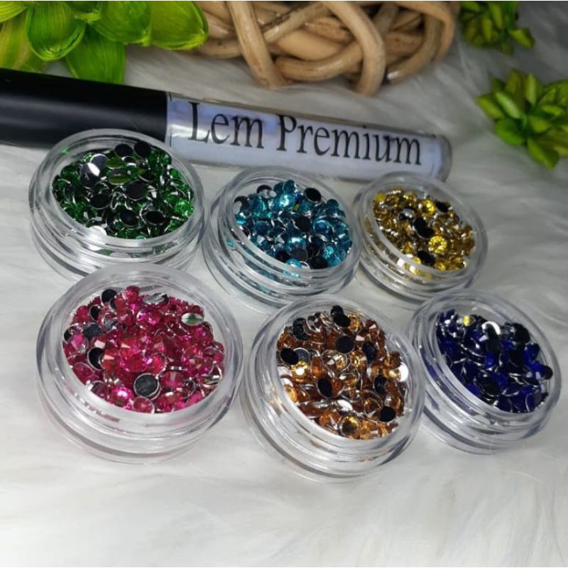 

permata/gems 4mm 6 pot dan lem premium