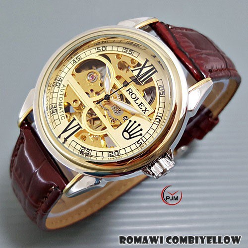 Rolex Automatic Kulit | Skeleton | Tanpa Baterai | Jam Tangan Pria Otomatis Transparan